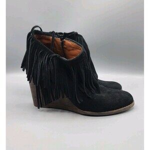Lucky Brand Yachin Suede Fringe Side Zip Leather Ankle Boots Booties Boho 8.5M